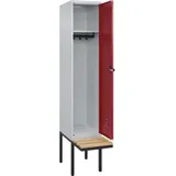 C+P Spind Classic PLUS, Bank, 1 Abteil, 2120x400x815mm, 7035/3003 Verschluss Sicherheits-Drehriegel 4 Garderobenhaken   Sitzbanktyp auskragend