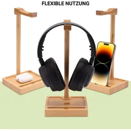 My Fat Gorilla Kopfhörer Ständer aus Bambus, Kopfhörer Halter mit Smartphone Ständer, Headset Ständer mit Ablage, Headphone Stand aus Holz - Braun