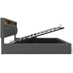 Merax 140x200cm Polsterbett Doppelbett mit USB C Steckdose Ladefunktion Kopfteil, Grau