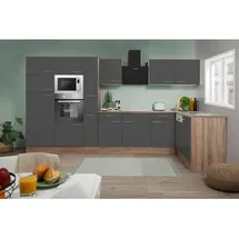 Respekta Winkelküche Oliver L-Form E-Geräte 370 x 172 cm grau seidenglänzend/eiche york nachbildung