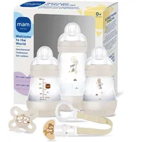 Mam Baby MAM Welcome Set, Baby Erstausstattung mit 3 Anti-Colic Flaschen, Schnuller und Schnullerband, Baby Geschenk Set, ab der Geburt, beige