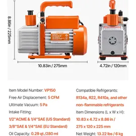 Vevor Vakuumpumpe, 5 CFM, HVAC einstufige Drehschieber-Vakuumpumpe, für R134a R22 R410a Systeme, Auto-AC-Vakuumpumpen-Kit mit Ölflasche, für die Wartung von Auto-Klimaanlagen und Harzentgasung