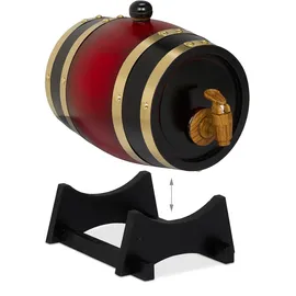 Relaxdays Whiskyfass, 1,25 l, Holz, Schnapsfass mit Bock & Zapfhahn, für Wein, Spirituosen, Deko Holzfass, rot/schwarz