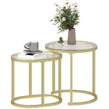 Homcom Couchtisch rund 2er Set Stapelbarer Beistelltisch mit Stahlrahmen, Wohnzimmertisch Kaffeetisch für Wohnzimmer Schlafzimmer Gold Metall, 50x50.5x50 cm, Wohnzimmertische, Couchtische
