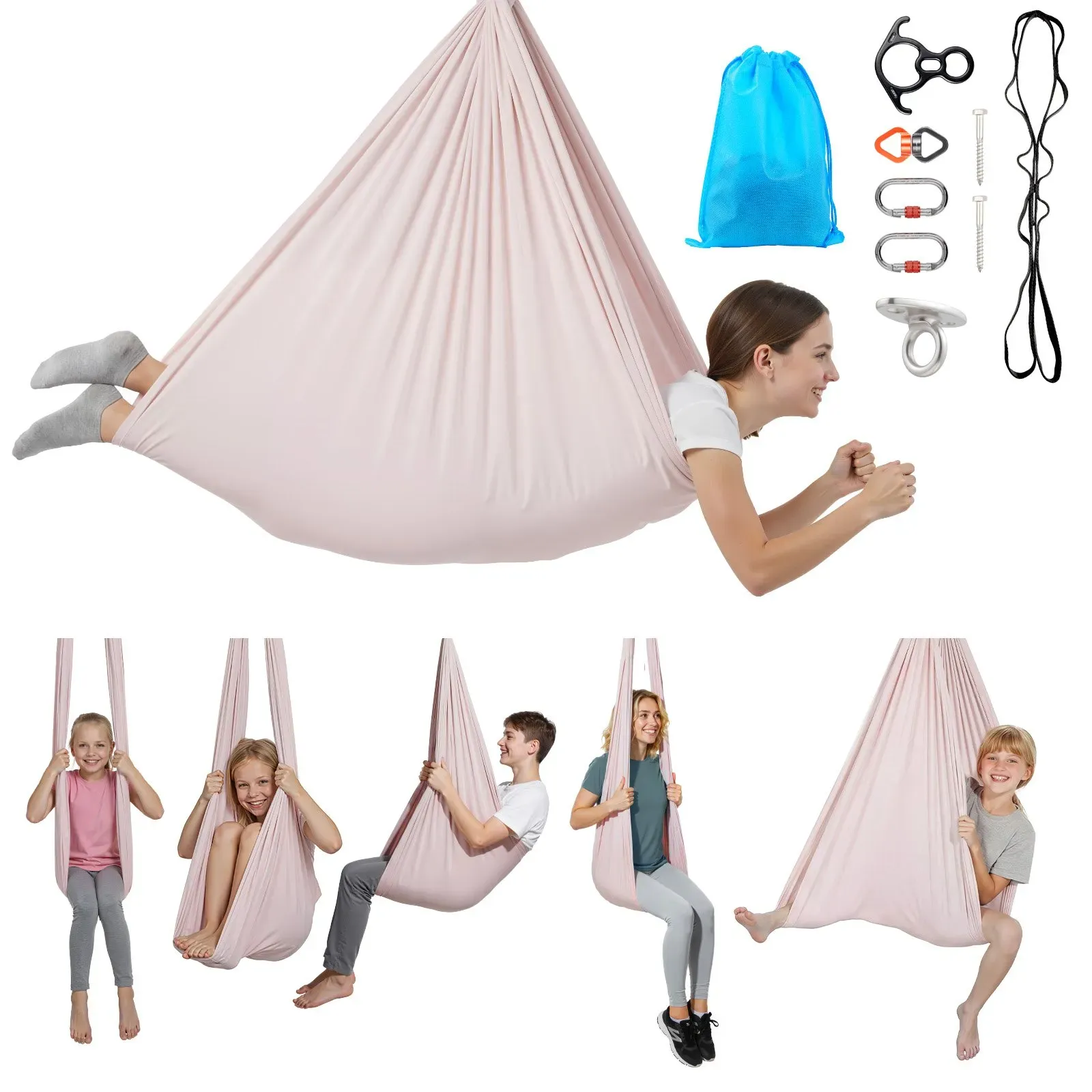 VEVOR Aerial Yoga Hängematte, max. Tragkraft 136,07 kg, Yoga-Schaukel mit Nylongewebe & Daisy Rope & PE-Reißverschlusstasche, Gymnastikschaukeln Doppelfunktion Anti-Gravity-Übungen Rosa