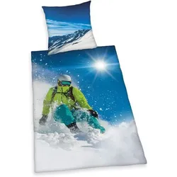 Herding 4459251050 - Young Collection, Ski Fahrer, Bettwäsche-Set, Cotton, blau, 80x80cm, 135x200cm