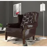 s-style möbel - Chesterfield Ohrensessel Vento mit Steppung und Holzfüßen aus Braun veganem Leder, B/T/H: 102 cm/ 93 cm/ 102 cm - Braun