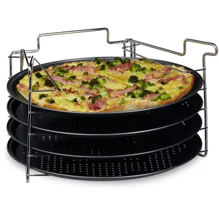 Relaxdays Pizzablech Set, HBT:20x32x32cm, 4 Backbleche mit Ständer, Antihaft, Pizza/Flammkuchen, anthrazit