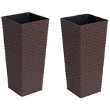 KMND Blumentopf Groß Blumentopf Gross Innen Quadratisch Hoch mit Einsatz Rattan 27x27x51 cm PP Kunststoff Dunkelbraun 2er Set 20803