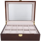 Holz-Uhrenbox, 10 Fächer, Uhrenbox, Organizer, Braun, weiches Flanellfutter, beige, Uhrenbox-Organizer für Herren mit durchsichtigem Deckel