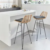Sweeek 2er Set Barhocker aus Rattan und Metall, schwarze
