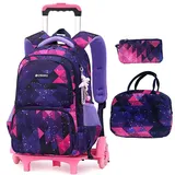 3pcs Trolley Kinder Tasche mit Rollen Schulrucksack Rucksack mit Rollen Schultasche Kinder Mädchen Kinderrucksack Grundschulen Backpack Kids Teens Violett 30x20x42cm