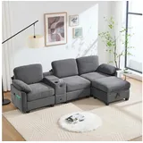 REDOM Sofa mit Stauraum, abnehmbarer Mittelkonsole und USB-C-Anschluss, inklusive 2 Cup-Halter, Seitentasche, beweglichem Ottoman und praktischer Stauschublade grau