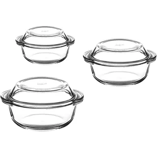 Pasabahce 3er-Set Auflaufform rund mit Deckel Bräter Schüssel Schale Glasschale 6tlg