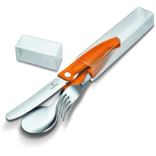 Victorinox Classic Picknick Besteck-Set, 3-teilig, Reisebesteck, Inkl. Klappbarem Messer, Gabel und Löffel, Robuste Kunststoffgriffe, Orange