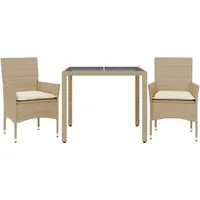 vidaXL 3-tlg. Garten-Essgruppe mit Kissen Beige Poly Rattan und Glas