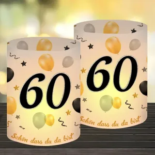 12 Windlicht Tischdeko 60 Geburtstag, Deko 60 Geburtstag Frau Mann, Happy Birthday Tischdeko 60. Geburtstags Frauen, Geeignet für Teelichter oder Kerzen mit Schön DASS Du Da Bist und Eukalyptus