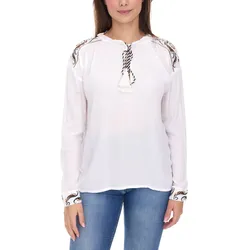 Les Tropeziennes Damen Bluse Langarm-Bluse mit Stick-Ornamenten Sommer-Oberteil Freizeit-Bluse 232-0055 A Weiß - M