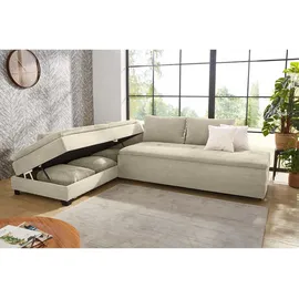 luma-home Ecksofa-Dauerschläfer, Doppelbett 306/223/95 cm Boxspring Federkern Ecksofa 306x223 Dauerschläfer, Bettkasten, Nachtkonsole, Schwenkteil beidseitig montierbar, Cord Beige Grau / 15161