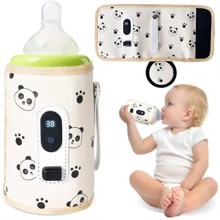 USB Tragbarer Babyflaschenwärmer mit LCD Display, Flaschenwärmer Baby Temperatur, Hält Flüssigkeiten Warm & 5 Einstellbare Temperatur(38-55°C), Muttermilchwärmer Tasche für Unterwegs Outdoor (Panda)