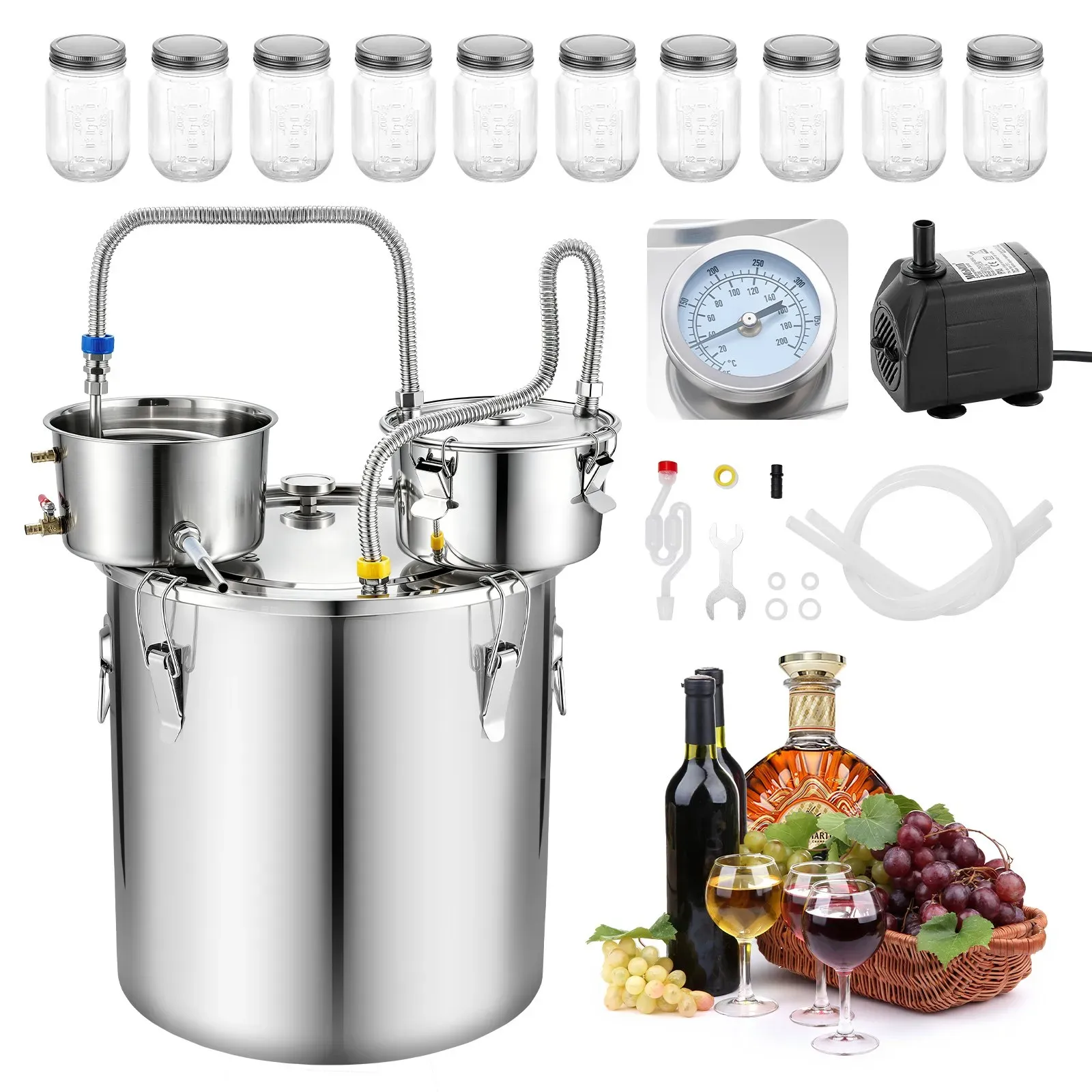 VEVOR Distillieranlage 50 L mit Thumper-Fass Wasserpumpe 10 Glasbehältern, Destillationsset mit Doppelskala-Thermometer Wasserpumpe für Whisky, Wein und Brandy, Destillierer für Hobby und Küche
