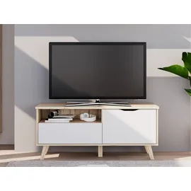 Forte VANKKA TV-Bank, TV-Board", weiß Planked eiche, weiß), B:124,4cm H:54,3cm T:42cm, Spanplatte, Sideboards, Lowboard, TV-Teil, ca. 125 cm breit, viel Stauraum, Echtholzbeine