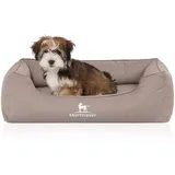 Knuffelwuff Orthopädisches Wasserabweisendes Hundebett Leon aus Velours mit Handwebcharakter M-L 85 x 63cm Beige-Grau - abnehmbarer Bezug - waschbar - für große, mittelgroße und kleine Hunde