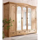 OTTO home Schiebetürenschrank Konrad, Landhausstil, rustikal, mit Schubladen + Spiegel, Kassetten (3 Breiten: 153/202/249 cm H/T ca.207/64 cm) massive Kiefer, FSC®-zertifiziert, Messinggriffe, mehrere Varianten beige 249 cm x 207 cm x 64 cm