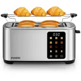 Toaster 4 Scheiben, Langschlitz Toaster, 1400W Edelstahl Toaster, 9 Farbeinstellungen und 3 Brotsorten, Abbruch-/Auftau-/Aufwärmfunktion,Touchscreen Bedienung, mit Brötchenaufsatz