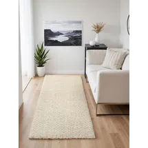 ELLE DECORATION Woll- & Jute Läufer Majoli - Natürlich & Handgewebt, Naturteppich, Geflochtenes Herringbone Design, Fischgrätenoptik, Skandi für Wohnzimmer, Schlafzimmer, Flur - Natur Weiß, 80x200 cm