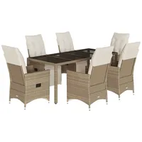 vidaXL 7-tlg. Garten-Bistro-Set mit Kissen Beige Poly Rattan