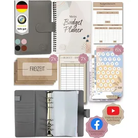 beginner-budget BeginnerBudget® Budget Planner Deutsch - Starterset mit Sparchallenge + Budgetplaner (144 Seiten) - Sparen mit Umschlagmethode + Anleitung Ringbuch, Binder A6 Glattleder, vegan (Grau)