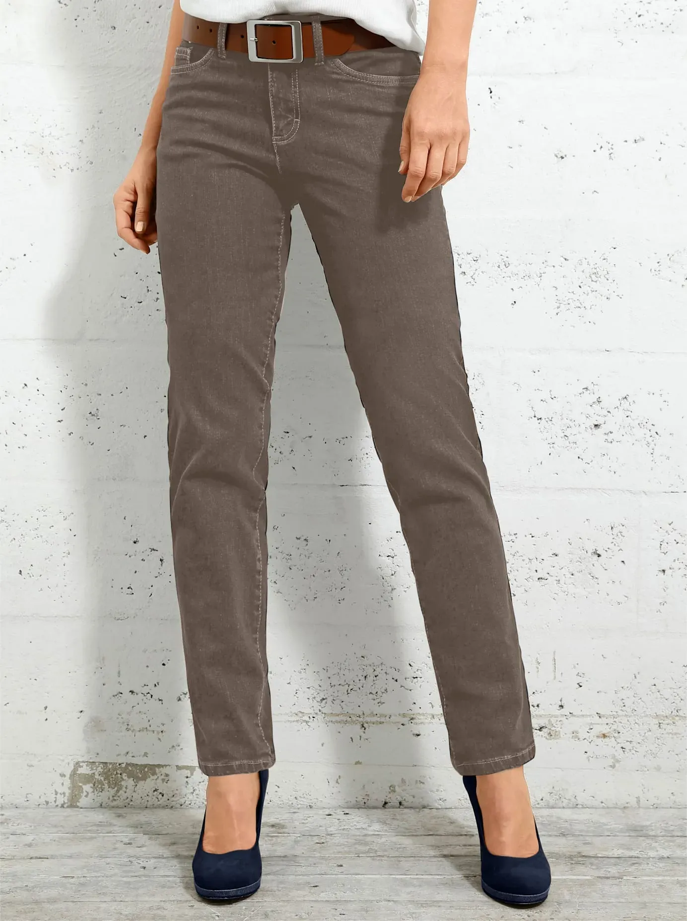5-Pocket-Jeans INSPIRATIONEN, Damen, Gr. 38, Normalgrößen, grau (taupe), 98% Baumwolle, 2% Elasthan, unifarben, lang, Jeans 5-Pocket-Jeans