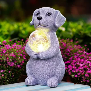 Yeomoo Hund mit Solar Ball Figuren Deko Wohnzimmer Gartendeko: Lustige Dog Figur Geschenke für Frauen Mama Männer Geburtstagsgeschenk Wasserdicht für Draußen Garten Balkon Zimmer Dekoration Grau