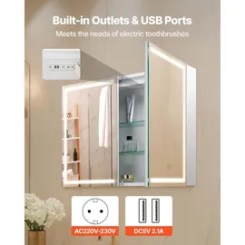 Vevor beleuchteter Medizinschrank mit Spiegel (60 x 80 cm) Wandmontage, 3-farbig dimmbarer LED-Badezimmerschrank mit HD-Spiegel, Memory-Funktion/verstellbaren Regalen, Stauraum/Steckdosen und USBs