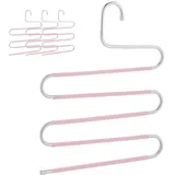 Relaxdays Mehrfach Hosenbügel, 4er Set, S-Form, 5 Stangen, rutschfest, platzsparende Multibügel, Metall, Silber/rosa