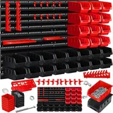 Masko MASKO® Wandregal + Stapelboxen + Werkzeughalter 45 tlg Box Erweiterbar Werkstattregal Lagerregal Steckregal Set Box Sichtlagerkästen Kleinteilemagazin Sortimentskasten Werkstatt