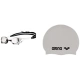 ARENA Unisex-Adult COBRA ULTRA SWIPE MR Schwimmbrillen, SILVER-WHITE, 1 & Unisex Badekappe Classic Silikon (Verstärkter Rand, Weniger Verrutschen der Kappe, Weich), White-Black (15), One Size