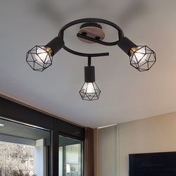 Deckenlampe Spotstrahler Rondell Holz Wohnzimmerlampe Industriell Rondell Deckenleuchte 3 flammig zum verstellen, Metall Gitter schwarz, 3x E14 Fassungen, DxH 23x21,5 cm