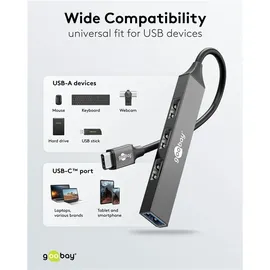 goobay Slim 4-Port USB-Hub, USB-CTM auf USB-A USB 3.2 Aluminium, 0,1 m Kabel