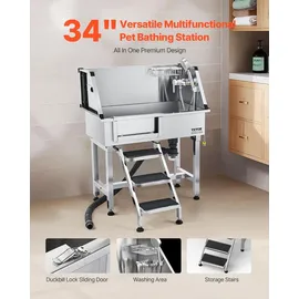 Vevor Hundewaschstation aus Edelstahl, 870x488x1025 mm Tierpflegewanne mit Ablagetreppe, Wasserhahn, Duschkopf & Seifenhalter, Hundebadewanne, für mittelgroße & kleine Haustiere (linke Tür)