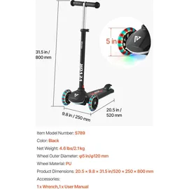 Vevor Scooter (3 Räder) ab 3 Jahren, Cityroller Kinderroller mit leuchtenden Rädern & höhenverstellbarem Lenker & rutschfestem Deck & leichtem Aluminiumrahmen, Tretroller bis zu 75 kg, Schwarz