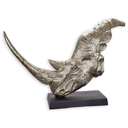 Casa Padrino Luxus Aluminium Deko Skulptur Nashornkopf Silber / Schwarz 93,5 x 22,5 x H. 67 cm - Aluminium Deko Figur mit Holzsockel - Wohnzimmer Deko - Schreibtisch Deko