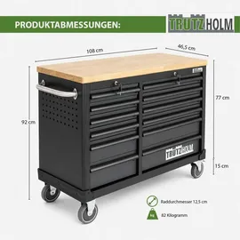 Trutzholm Werkstattwagen DELUXE 12 Schubladen 123 cm Breite unbestückt mit massiver Arbeitsplatte Anthrazit