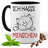 Lustige Tasse mit Spruch |ICH HASSE MENSCHEN | Katze| Kakao- Kaffee- Tee- Fototasse| Geschenke für männer frauen | Keramik Tasse |Spülmaschinenfest (Schwarz)