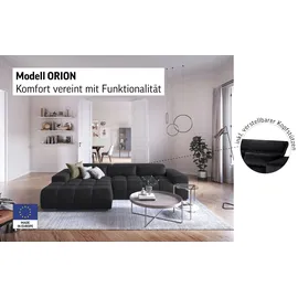 Cotta Ecksofa COTTA "Orion L-Form", charcoal, B:307cm H:73cm T:186cm, 100% Polyester, Sofas, Ecksofa, mit 2x Kopfteilverstellung & 3 Nierenkissen