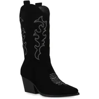 VAN HILL Damen Stiefel Cowboystiefel Stickereien Schuhe 839969, Farbe: Schwarz Velours, Größe: 37 - Schwarz - 37