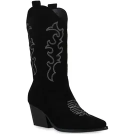VAN HILL Damen Stiefel Cowboystiefel Stickereien Schuhe 839969, Farbe: Schwarz Velours, Größe: 37 - Schwarz - 37