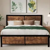 VECELO Bettgestell 140 x 200 cm, Metallbett mit Dick Holzkopfteil und Lattenrost, Doppelbett mit Stauraum unter dem Bett, perfekt für Schlafzimmer,Braun