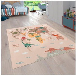 Kinderteppich Bino 583, Paco Home, rechteckig, Höhe: 4 mm, Spielteppich, Motiv Weltkarte & Dinosaurier, Kinderzimmer beige 200 cm x 290 cm x 4 mm